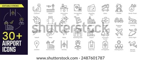 Airport Stroke icon collections. Containing Airport, Customs, Immigration Law, Boarding Pass, Landing, Check-in, Stairs, senior, Traveler, and Trolley icons. Stroke icon collection Outline icon