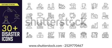 Disaster Stroke icon collections. Containing such as disaster, natural, simple, earthquake, icon, accident, and thunder icons. Editable Stroke icon collection Outline icon