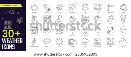 Weather Stroke icon collections. Containing Spring, Hail, Humidity, Fall, Fog, Winter, Snow, Wind, Rainy, and Seasons icons. Editable Stroke icon collection Outline icon