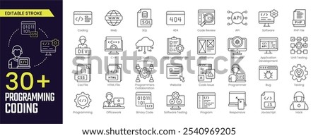 Programming Coding Stroke icon collections. Containing developer, programming, coding, code, css, technology, data, script, and more icons. Editable Stroke icon collection Outline icon