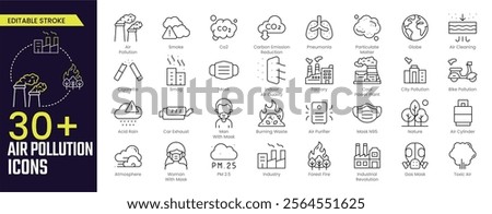 Air Pollution Stroke icon collections. Containing CO2, mask, air filter, PM 2.5, air purifier, car exhaust, indoor air quality, smog and more. Editable Stroke icon collection Outline icon