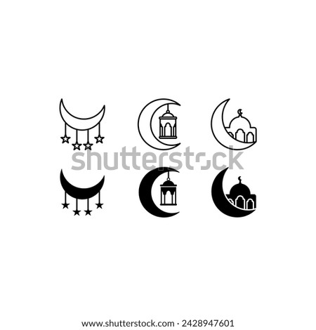 Muslim ramadan icon vector illustration design template, moon and stars, moon and mosque, moon and lantern.isolated white background with line style and black fill.