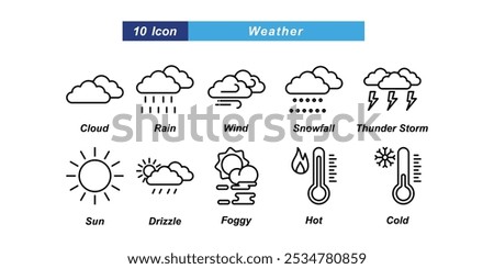 set of 10 outline icons such as cloud, rain,wind,snowfall, thundershower,sun, drizzle,foggy,hot temperature and cold temperature. perfect us,web design,print,mobile apps,etc.