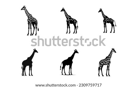 Set of giraffe icons in flat black color isolated on white background