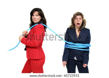 businesswoman boss with rope and team workers