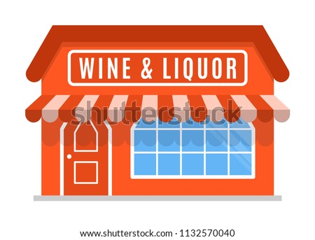 Wine liquor shop icon symbol store market. The facade of the building with awning 
in flat style Sign of the house is red color. Stylish cartoon image Vector illustration isolated on white background.