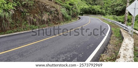 Similar – Image, Stock Photo Winding asphalt road through forest