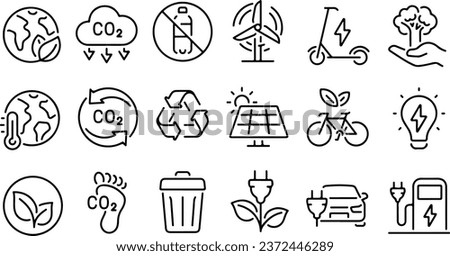 Icon set about carbon footprint, CO2 neutral, sustainable development, renewable energy, electric vehicle, and recycling. Isolated on white or transparent background, monochrome vector illustrations.