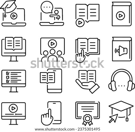 Icon set about online education, online school, e-learning, webinar. Isolated on white or transparent background, monochrome flat vector illustrations, simple thin line icons.