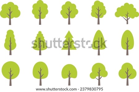 Icon set of green trees in various shapes. Forest, nature, tree concept. Simple icons, flat vector illustrations. Isolated on white, transparent background