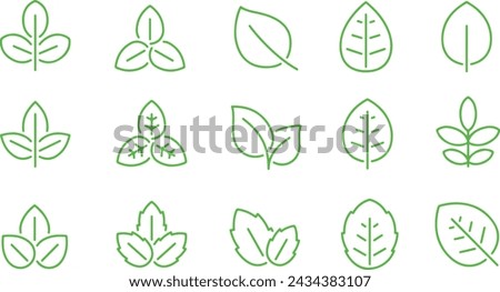 Icon set about leaf, leaves of green plants. Thin line icons, flat vector illustrations, isolated on white, transparent background	
