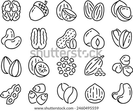 Icon set of nuts, peanuts, hazelnuts, walnuts, cashews, pistachios, almond, food. Thin line icons flat vector illustrations isolated on white and transparent background	
