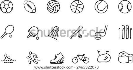 Pixel perfect icon set of sports soccer football basketball volleyball golf gym skiing boxing tennis. Thin line icons flat vector illustrations isolated on white transparent background