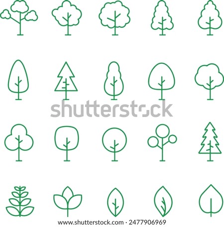 Thin line icon set of green trees in various shapes. Forest, nature, tree concept. Simple icons, flat vector illustrations. Isolated on white, transparent background	
