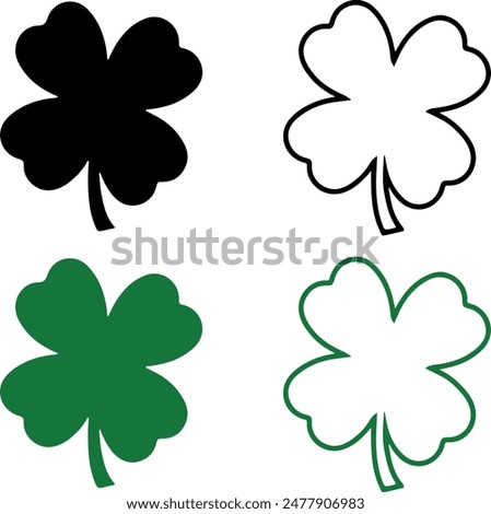 Icon set of four leaf clover flower. Simple flat design vector illustrations, isolated on white, transparent background. Concept of Irish St Patrick's Day	
