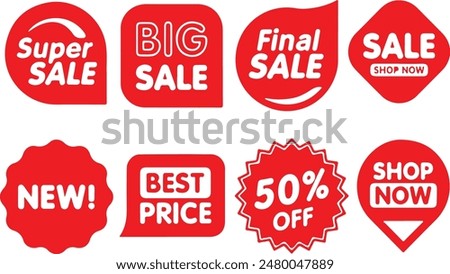 Pixel perfect icon set of red sale discoint best price new product labels. Icons, flat vector illustrations, isolated on transparent background