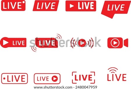 Pixel perfect icon set of red live broadcast labels. Icons, flat vector illustrations, isolated on transparent background