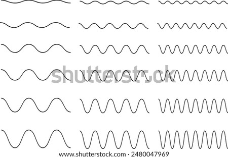 Pixel perfect icon set of sinusoidal signal waves sine cosine wave with various frequency. Thin line icons, flat vector illustrations, isolated on transparent background