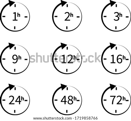 set of delivery service time icons on white background. flat style. clock arrow 1, 3, 6, 9, 12, 16, 24, 48, 72 hours icon for your web site design, logo, app, UI. set of time symbol. 