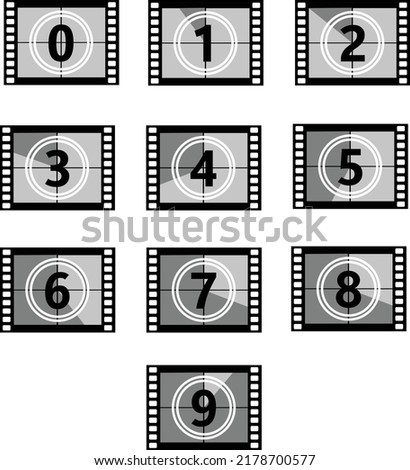 set a classic film countdown frame at the number one, two,three,four,five,six,seven,eight and nine. film countdown sign. movie timer count symbol.