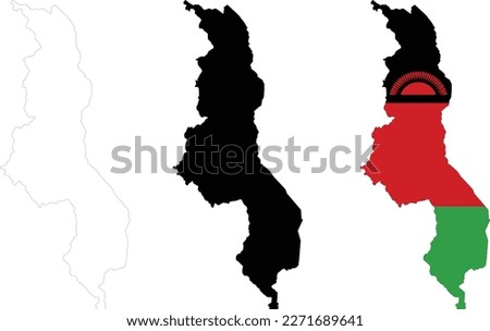 Map Malawi on white background. Malawi Map Outline. Malawi vector map with the flag inside.