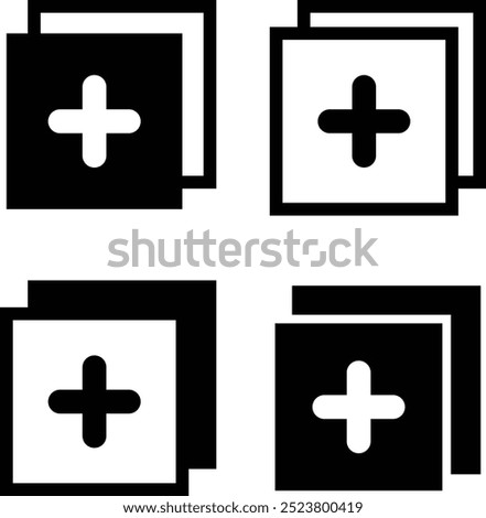Layer add icon. Stack plus signs. Panel level symbol. flat style.