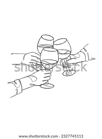 Continuous one line drawing of hands cheering with glasses of wine. Vector illustration.