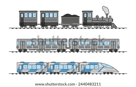 Modern and vintage train collection. Old and electric high-speed passenger trains. Railroad travel and railway tourism. Subway transport underground train. 
