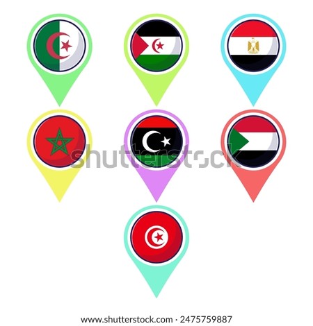 North african countries flags. Flat vector map element design, travel symbols, landmark symbols, geography and map flags emblem.