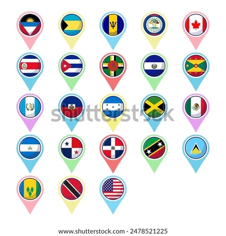 North american continent flags. Flat vector map element design, travel symbols, landmark symbols, geography and map flags emblem.