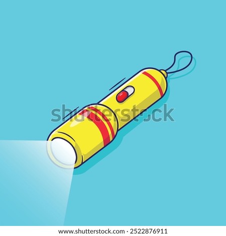 Flashlight cartoon design with lights on. Flat cartoon vector of yellow flashlight