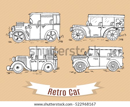 Not realistic retro cars  hand drawn. Nintendo white sketch cars in vintage style.