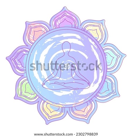 Colorful mandala flower and meditating person's silhouette with om symbol in the center. Isolated on white vector illustration.