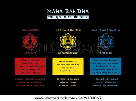 Illuminating vector illustrations of infographic unveils yogic locks or bandhas, ideal for adorning yogic studios and wellness hubs. Doubles as standalone poster or icon ensemble.