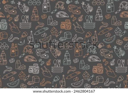 Tasty seamless showing off multicolor groceries, cookware, utensils, all outlined in handmade doodle style. Dark backdrop perfect for culinary designs, decor or home restaurant branding.