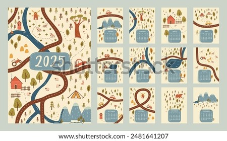 2025 vector calendar immersing into wanderlust mood, featuring natural scenery in artistic flat modern style. Monthly pages show scenic elements like trees, mountains, animals, and roads.