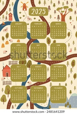 2025 calendar in whimsical hiking style. Drawn fully in vector in bold artistic style it captivates with adventure sceneries. Monthly grids in olive green surrounded by trees, animals.