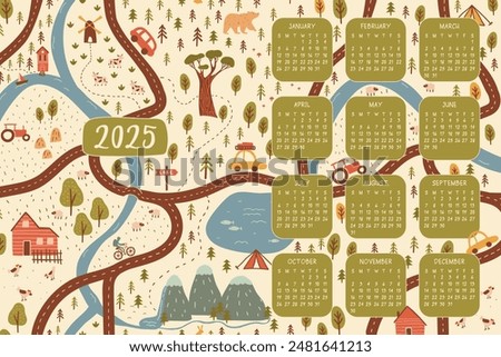 2025 wanderlust calendar with artistic hand drawn outdoor scene in form of map, all in vector. Monthly grids surrounded by nature elements like trees, animals, and roads. Great for indoor decoration.