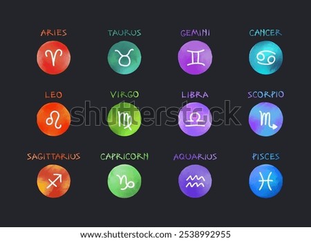 A complete set of zodiac symbols in vector, featuring all 12 astrological signs. Each icon is presented in a distinct watercolor circle with matching text, using a color-coded system from red to blue.