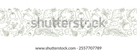 Creative vector border showing off monochrome vegetable groceries, all outlined in handmade doodle style. Transparent background, perfect for adding cozy culinary flair to any food orientated designs.