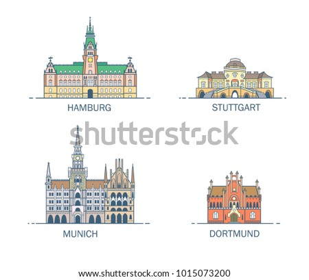 Business city in Germany. Detailed architecture of Hamburg, Stuttgart, Dortmund, Munich. Trendy vector illustration, line art style.