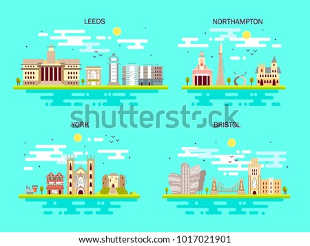 Business city in England. Detailed architecture of Leeds, Northampton, York, Bristol. Trendy vector illustration, flat art style. Blue background
