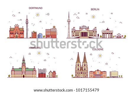 Business city in Germany. Detailed architecture of Berlin, Dortmund, Cologne, Hamburg. Trendy vector illustration, line art style.