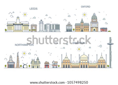 Business city in England. Detailed architecture of Leeds, Northampton, Brighton, Oxford. Trendy vector illustration, line art style.