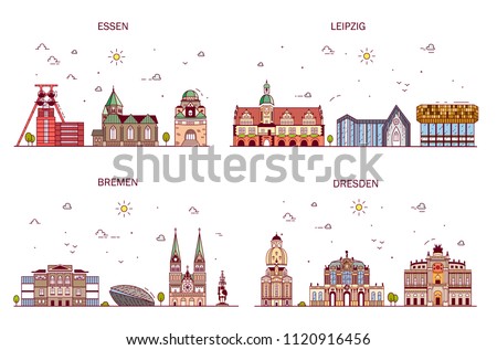 Business city in Germany. Detailed architecture of Essen, Leipzig, Bremen, Dresden. Trendy vector illustration, line art style.