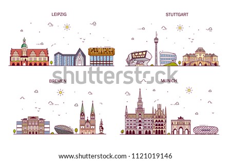 Business city in Germany. Detailed architecture of Leipzig, Stuttgard, Bremen, Munich. Trendy vector illustration, line art style.