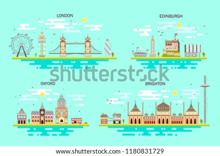 Business city in England. Detailed architecture of London, Edinburgh, Oxford, Brighton. Trendy vector illustration, flat art style.