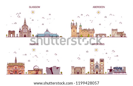 Detailed architecture of Glasgow, Aberdeen, Dundee, Inverness. Business cities in Scotland. Trendy vector illustration, line art style.Handdrawn illustration with main tourist attractions.
