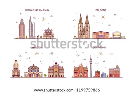 Business city in Germany. Detailed architecture of Frankfurt am Main, Cologne, Dortmund, Dresden, Hamburg. Trendy vector illustration, line art style.