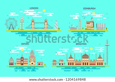 Business city in England. Detailed architecture of London, Edinburgh, Oxford, Brighton. Trendy vector illustration, flat art style.